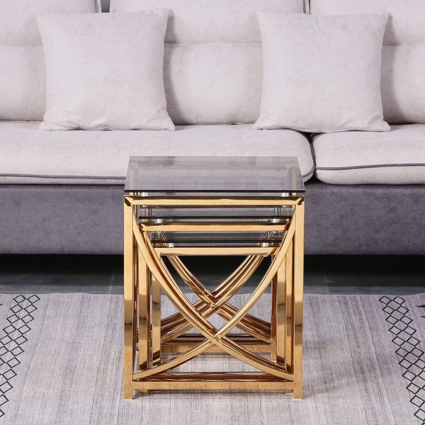 Small Coffee Table Set of 3， Nesting End Table 3 Pieces Side Tables Coffee Tables w/ Gray Tempered Glass and Gold - as picture