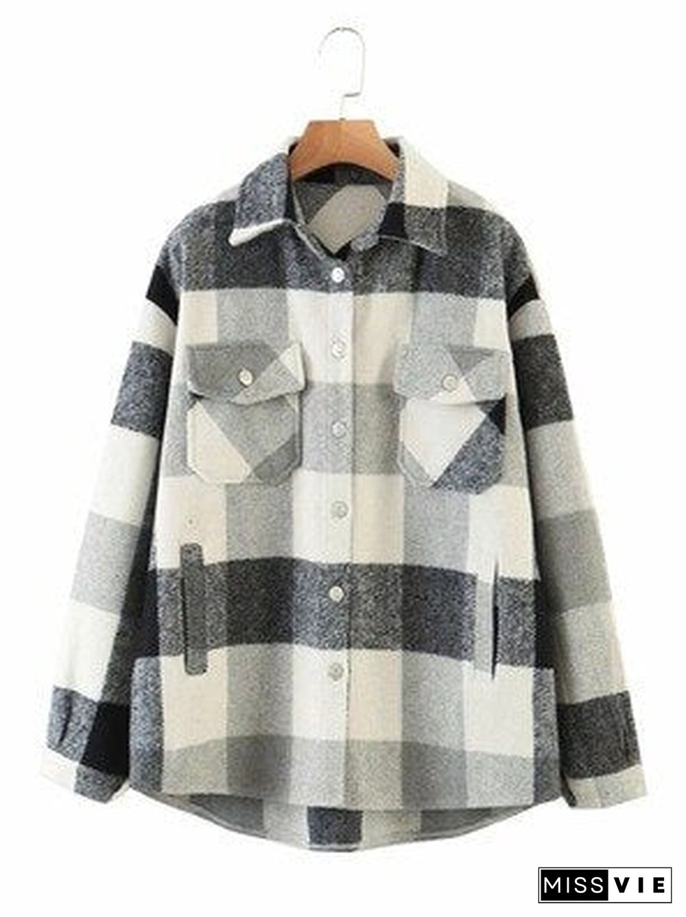 Autumn Winter Plaid Jacket Wool Blend Coat Fashion Button Long Sleeve Coat Casual Office Warm Overshirt Ladies Jackets Chic Tops