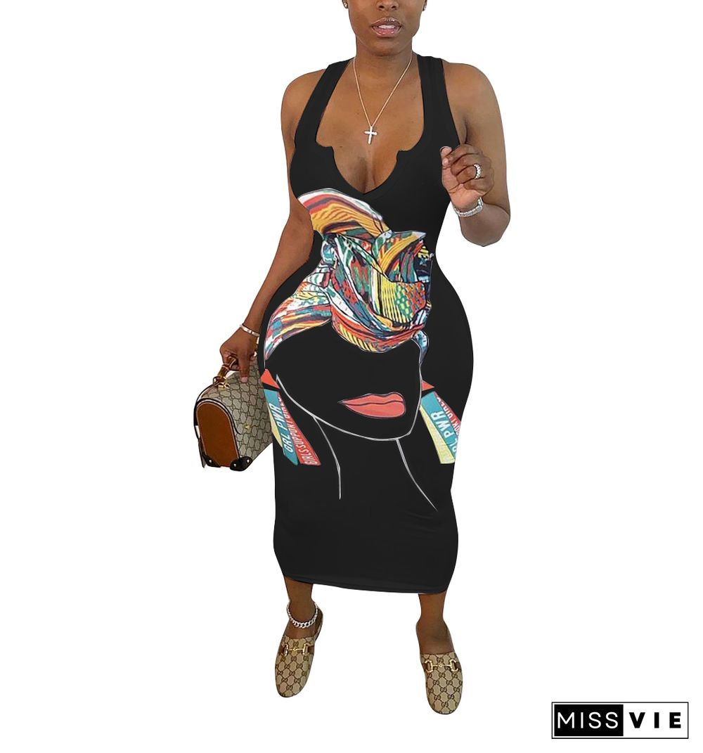 Abstract Print Sleeveless V Neck Skinny Dress