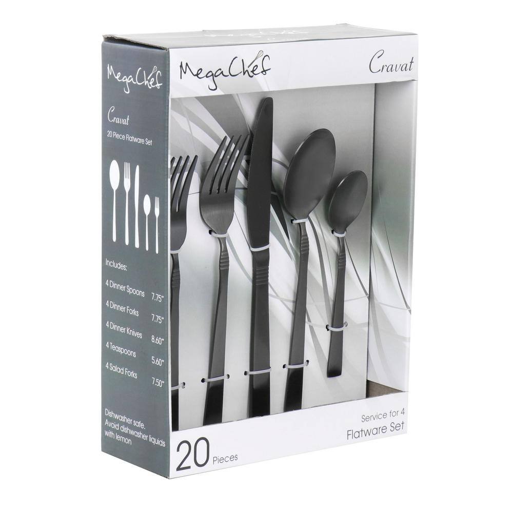 MegaChef Cravat 20-Piece Matte Black Flatware Utensil Set 1810 Stainless Steel Silverware Metal (Service for 4) 985112460M