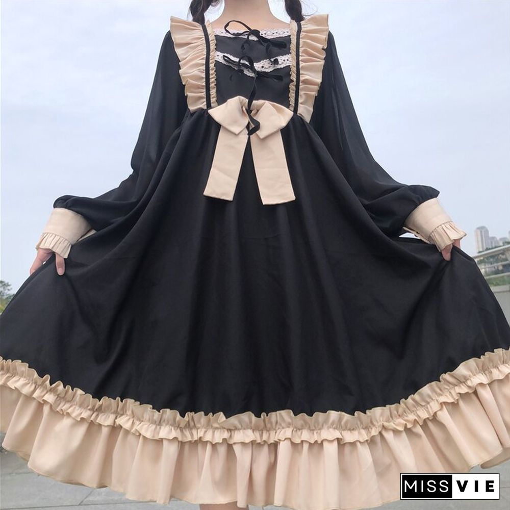 Harajuku Lolita Dress Daily Palace Bow-Knot Sweet Cute Retro Lotus Leaf Bow Vestidos Noble Sweet Gothic Party Robe Renaissance