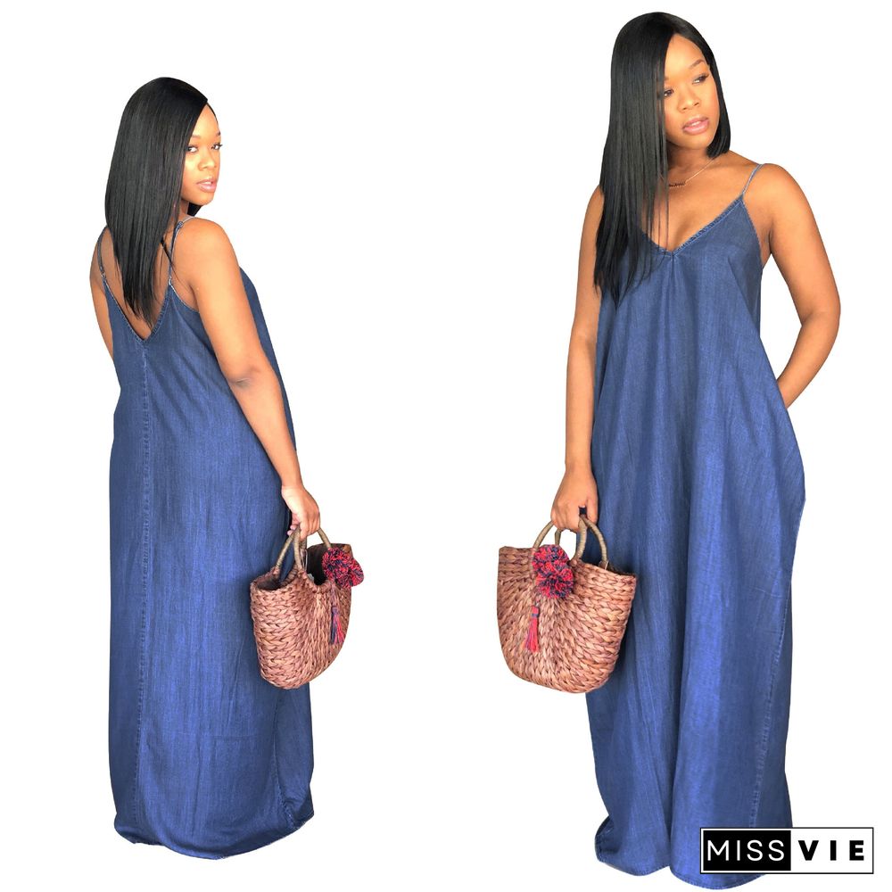 CMYAYA Women Summer S-3XL Denim Sexy Maxi Dress Party Club Outside Loose Long Strap Sleeveless Dresses Outfits