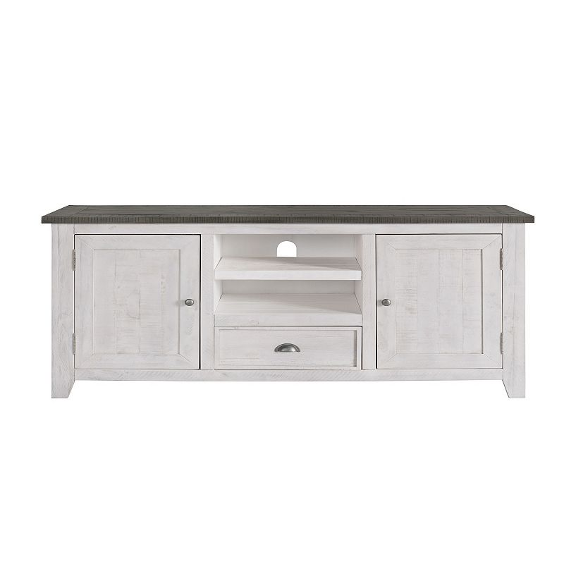 Coastal Wooden TV Stand with 2 Cabinets and 1 Drawer， White and Gray