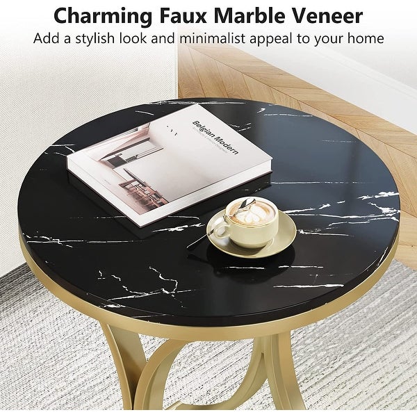 Small Modern Round Side Table End Table Nightstand with Gold Metal Frame and Faux Marble Veneer Engineered Wood for Living Room