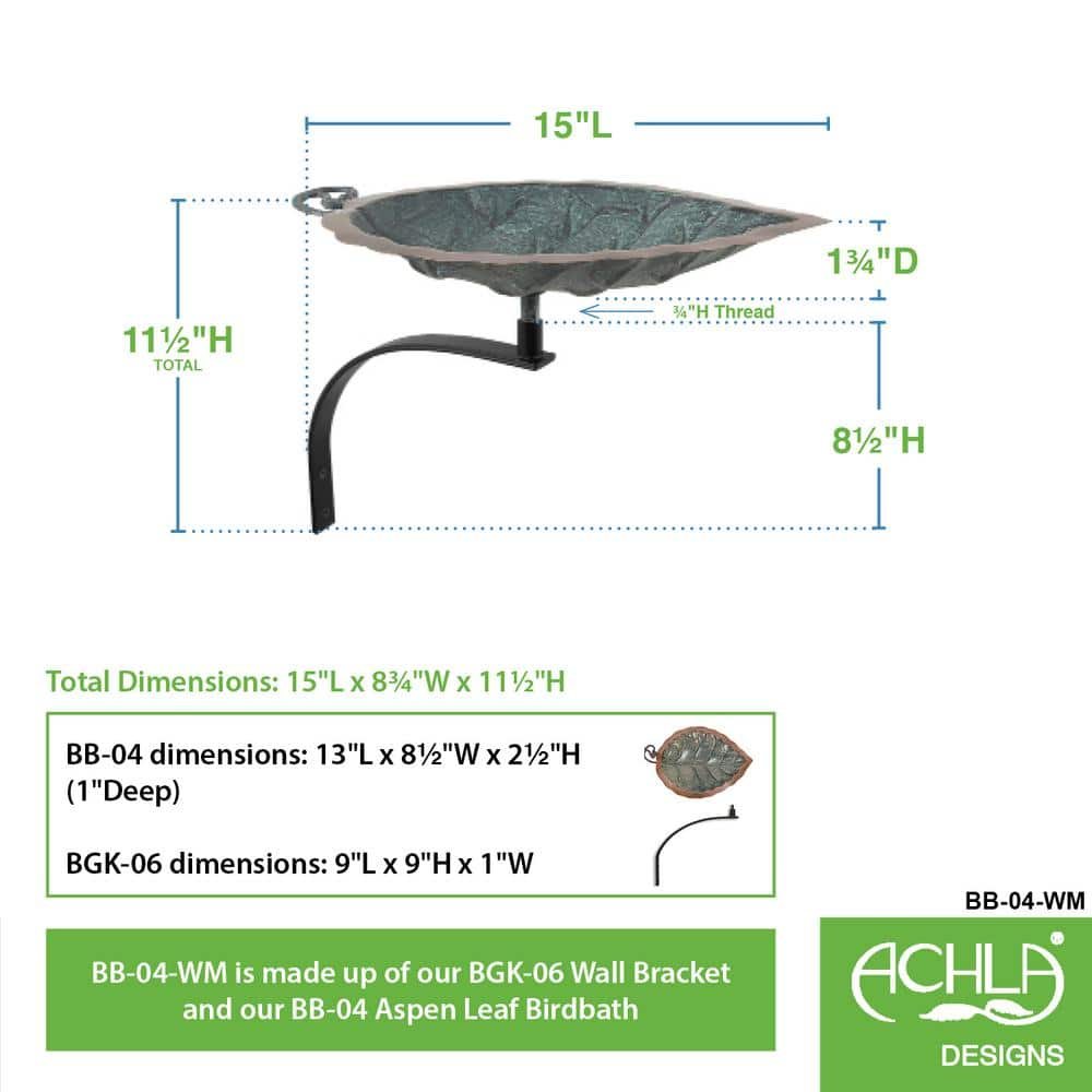 Achla Designs 15 in. L Antique Brass Plated Aspen Leaf Birdbath with Wall Mount Bracket BB-04-WM