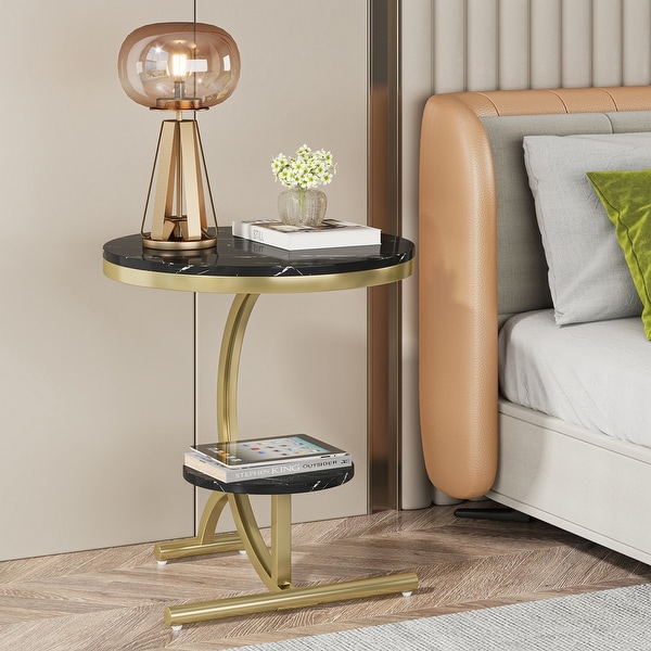 Round Coffee Table with Storage Shelf for Home and Living Room，Marble Look Side and Corner Table，Sofa End Table，Night Stand