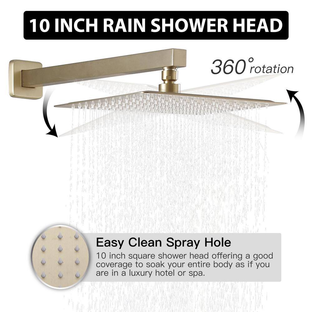 Tomfaucet 2-Spray Patterns 4.5 GPM 10 in. Wall Mount Dual Shower Heads Shower System with 3-Setting Hand Shower in Brushed Gold TFK0075BG