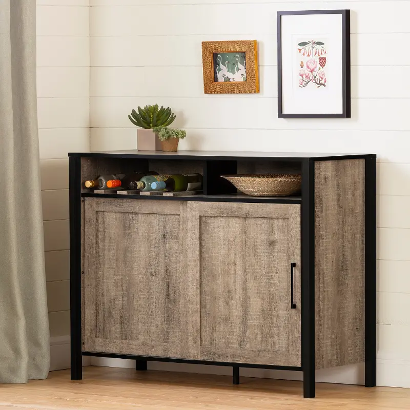 Munich Weathered Oak and Black Bar Cabinet - South Shore