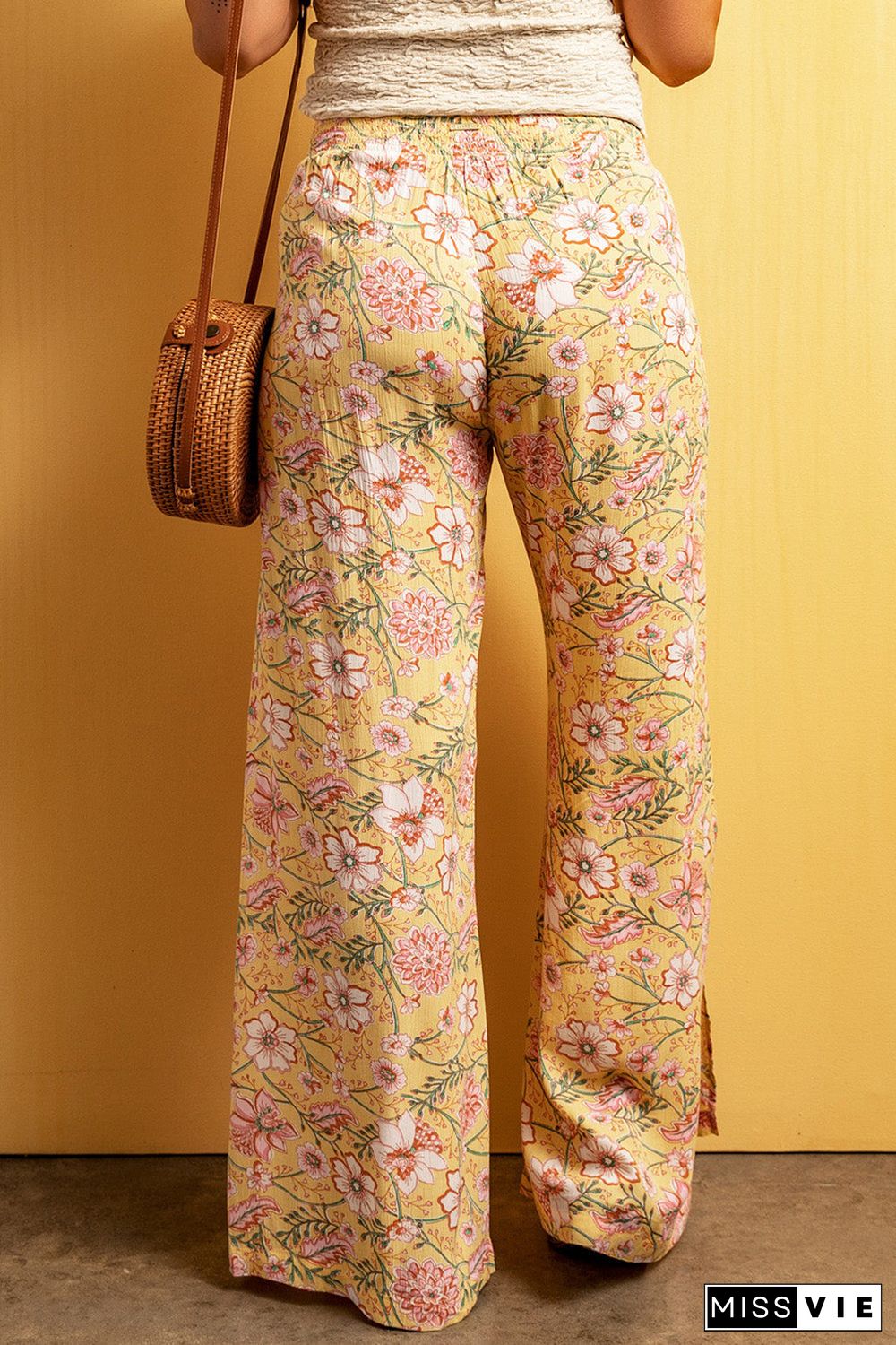 Yellow Floral Print High Slit Wide Leg Pants