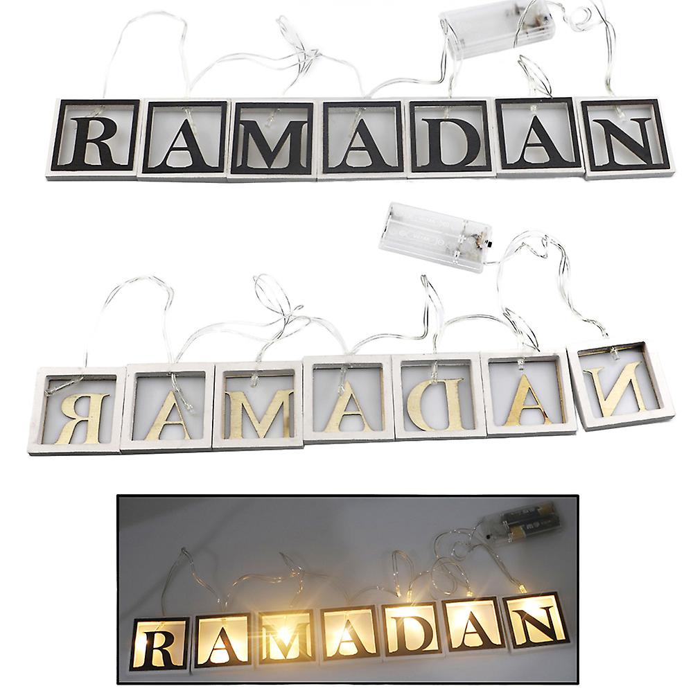 1 Wooden Square Shape Hollow Ramadan Letters L-ed String Light Decoration For Ramadan Eid Mubarak Home Decor