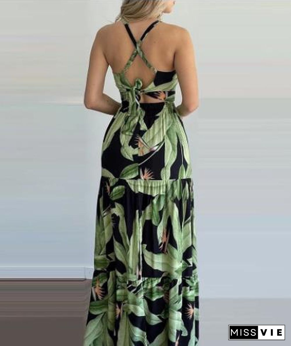 Sleeveless Green Plants Printed Casual Sexy Two Piece Dress