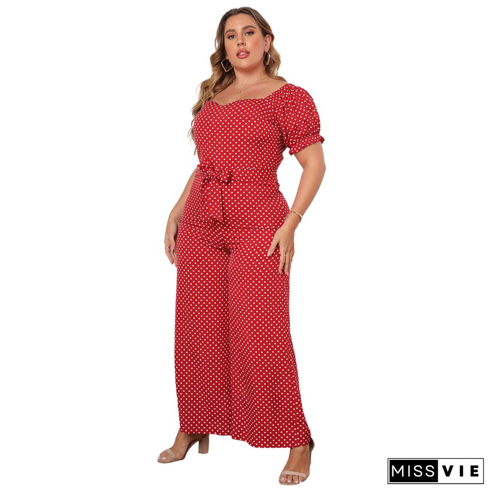 Dot Print Short Sleeve Slash Neck Wide Leg Jumpsuit