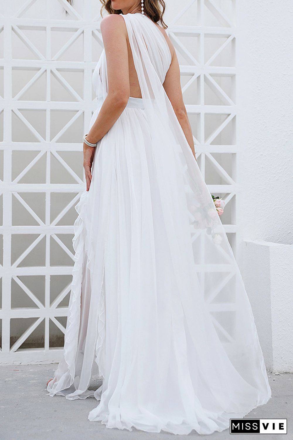 White One Shoulder Sleeveless Split Prom Dress