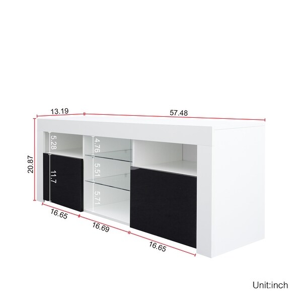 Modern 16 Color LEDs Lights 57 inch Media TV Stand with 2-Tier Center Glass Shelf and 2 Side Storage Open Compartments