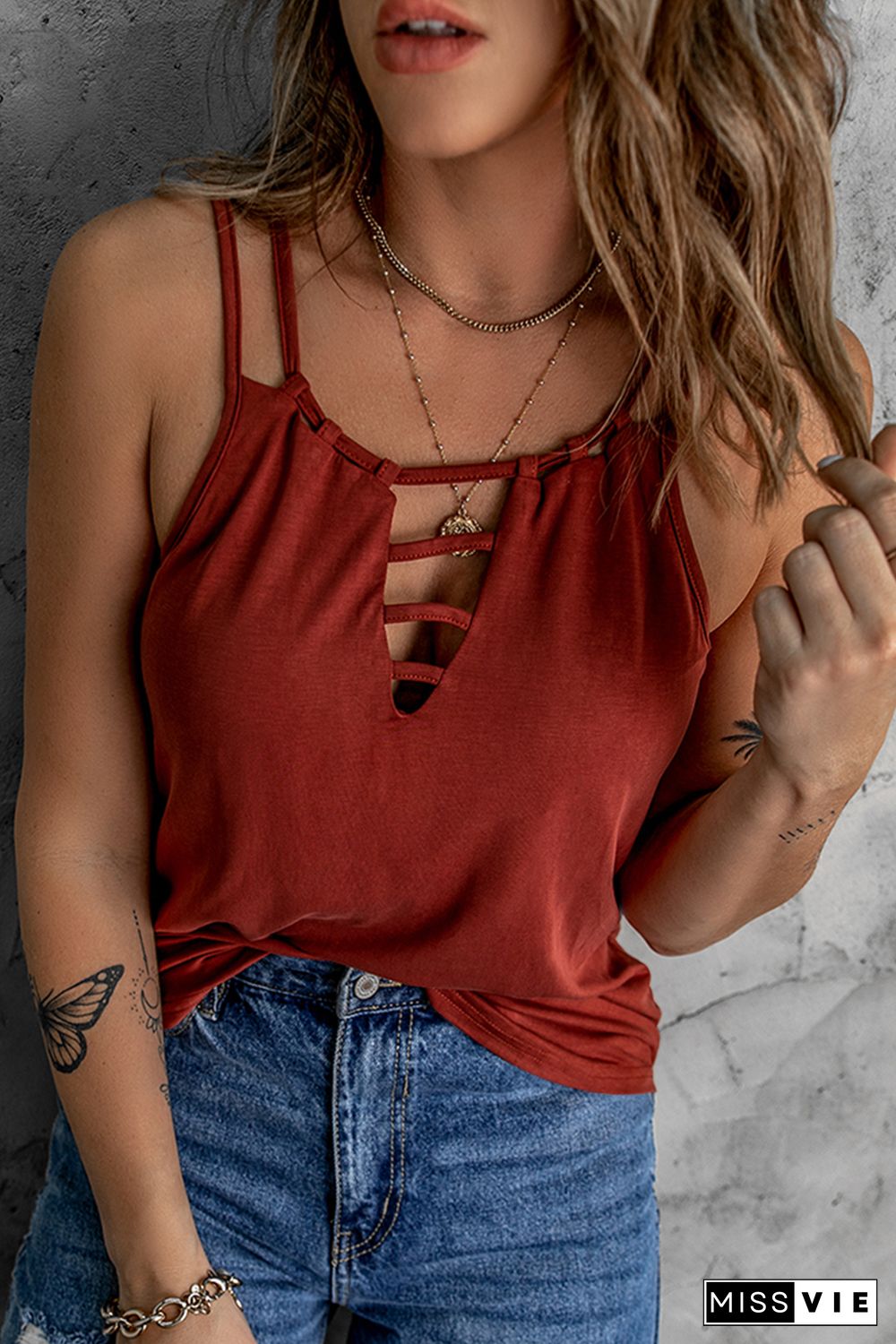 Wine Red Ladder Hollow-out Tank Top