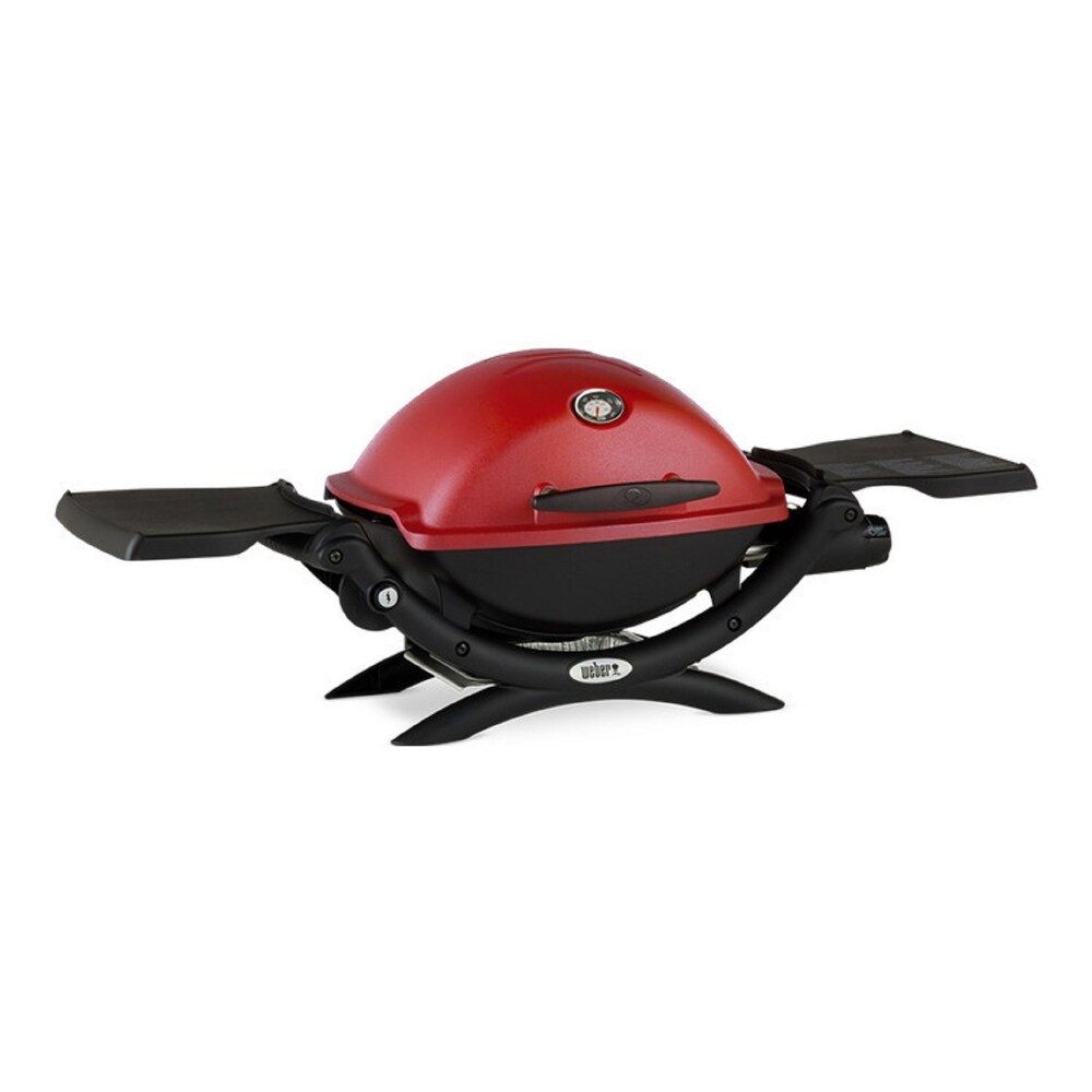 Weber Q1200 Liquid Propane Grill (Red) w/ Portable Cart  Hose Bundle