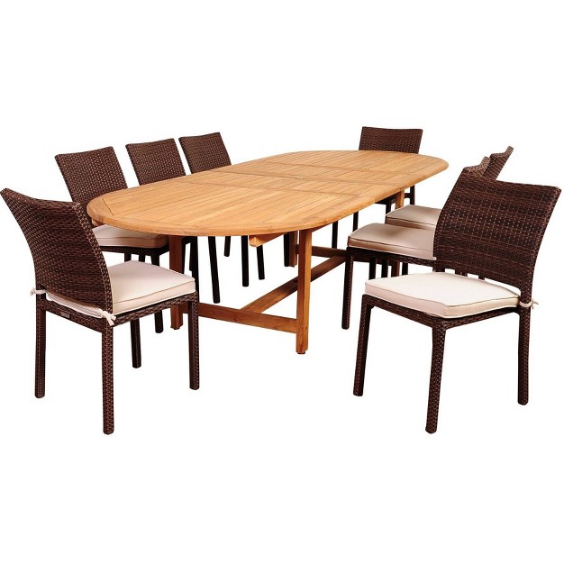 Noah 9pc Teak Wood Wicker Double extendable Oval Patio Dining Set International Home Miami