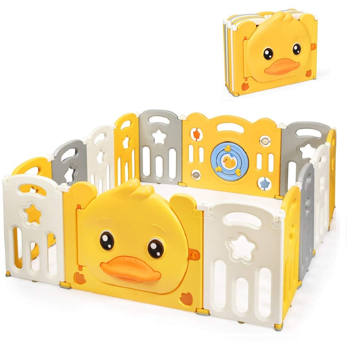 Costzon Baby Playpen, 12/14/16-Panel Portable Baby Play Yards with Yellow Duck Pattern