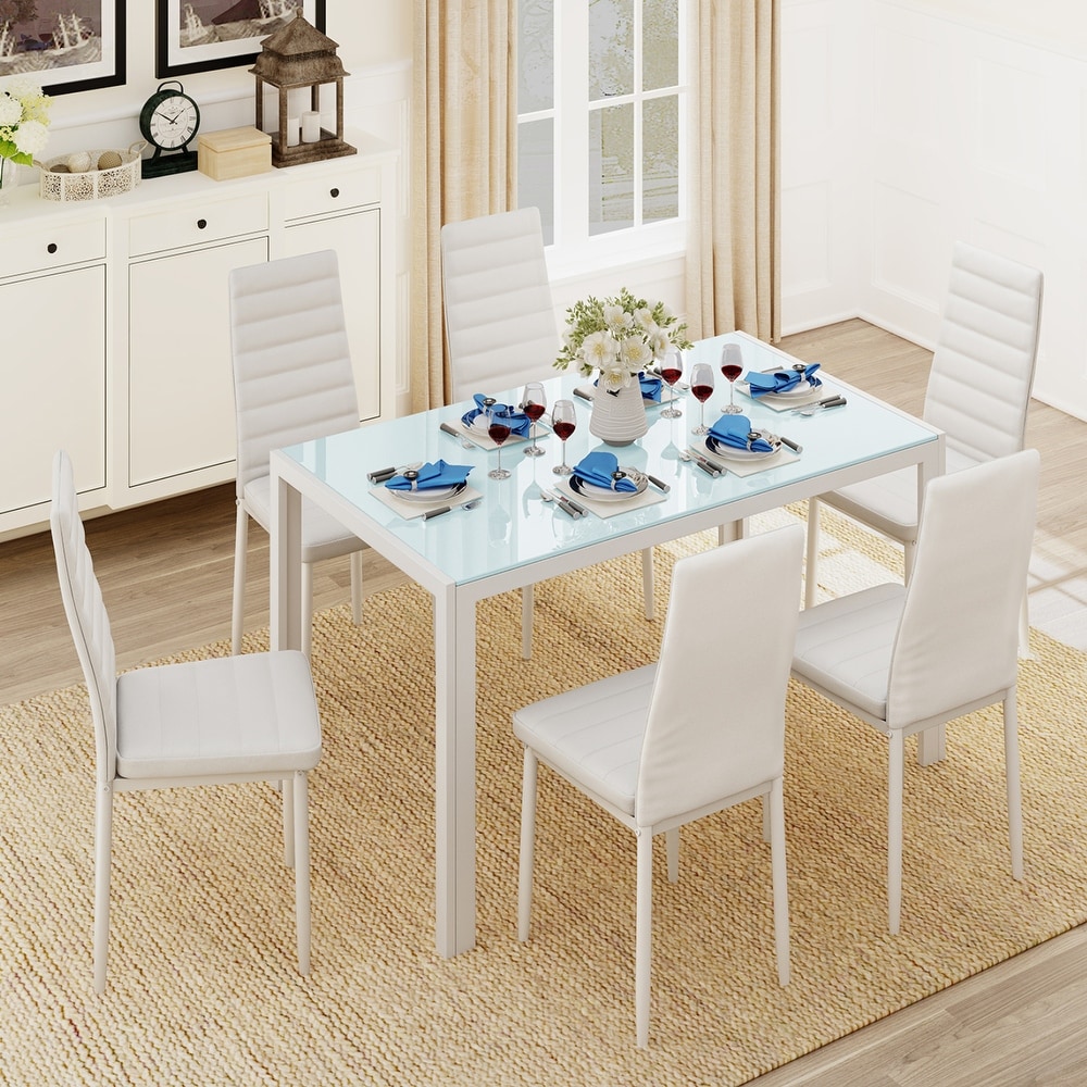 7 Piece Glass Dining Table Set for 6 with High Back PU Leather Chairs