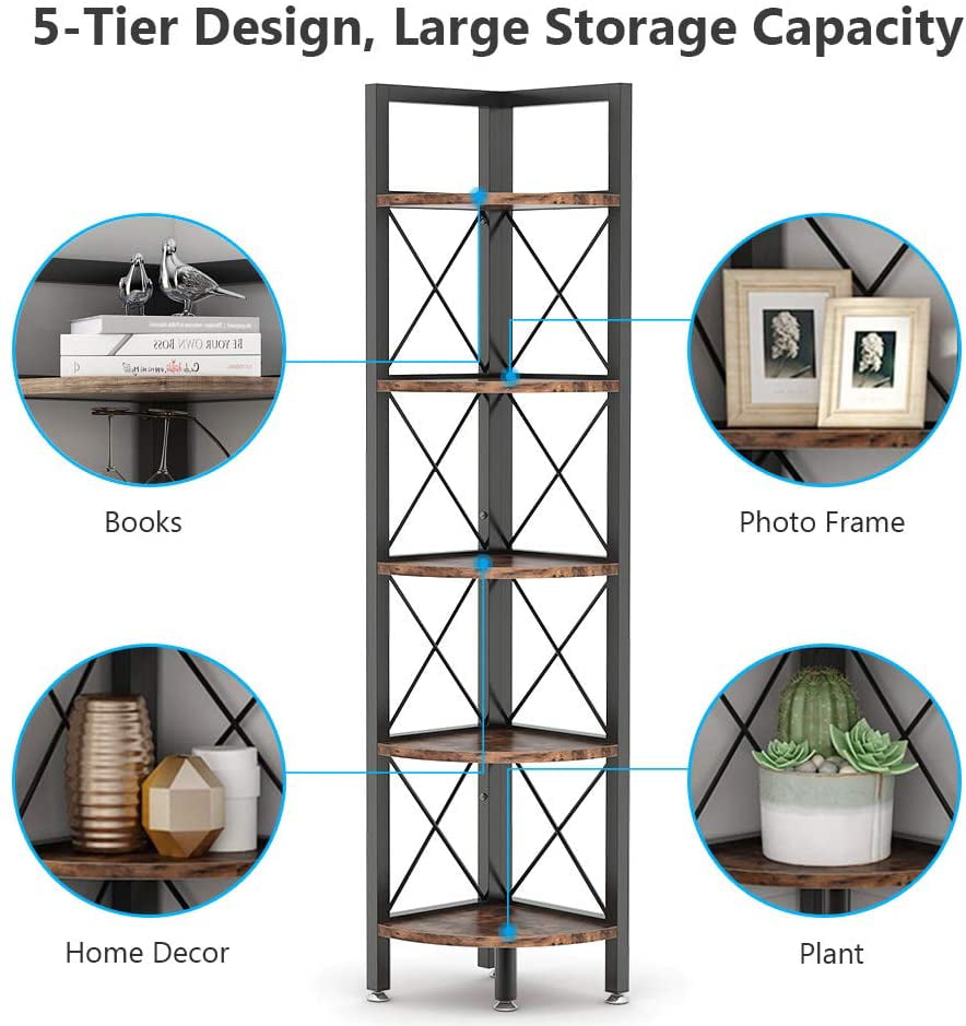 Rustic 5 Tier Corner Shelf, Corner Bookshelf Small Bookcase Plant Stand for Living Room, Home Office, Kitchen, Small Space