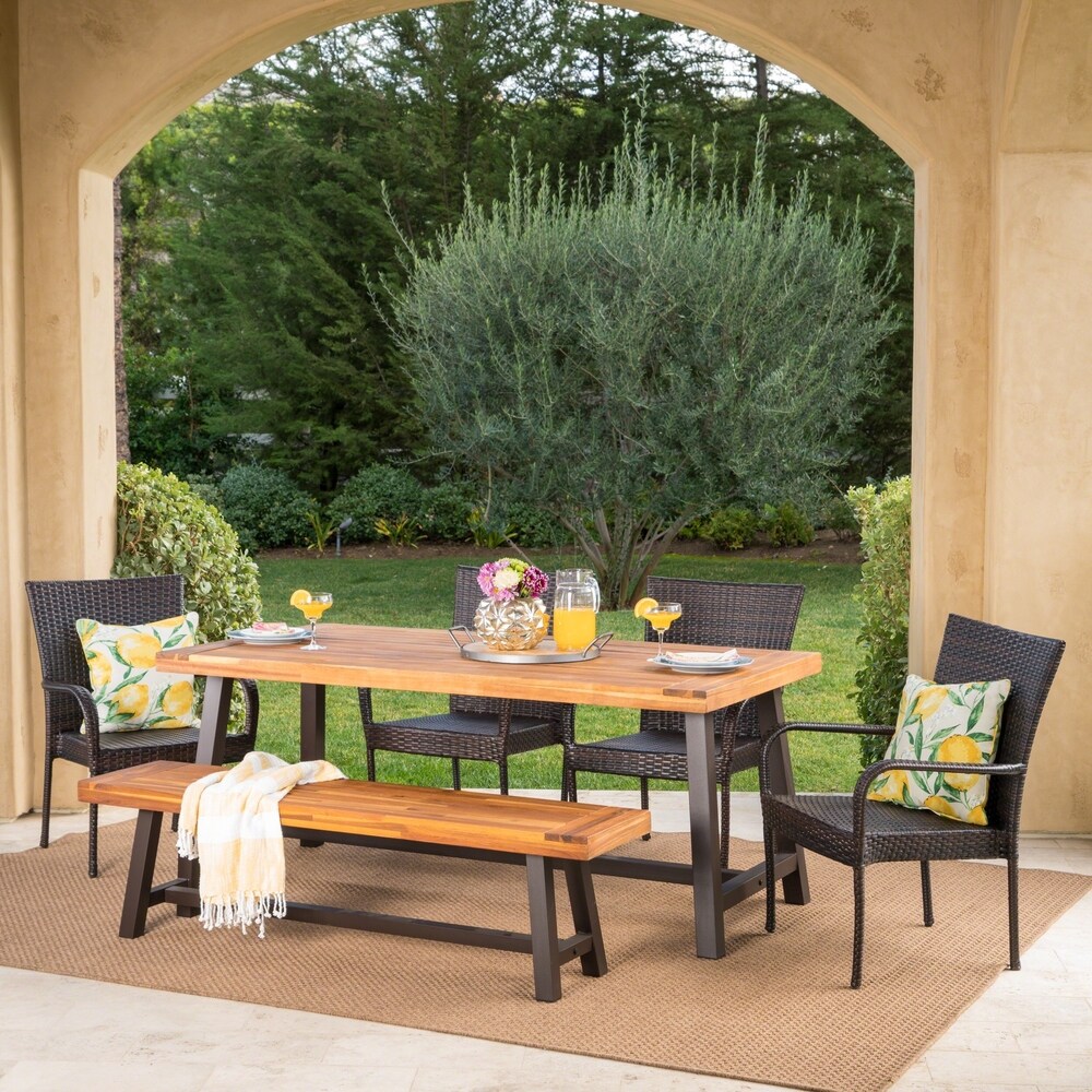 Cooper Outdoor 6 piece Rectangle Acacia Wood Wicker Dining Set by Christopher Knight Home