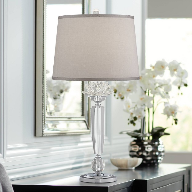 Tall Traditional Glam Luxury End Table Lamp Clear Crystal Single Gray Shade Living Room Bedroom Bedside Nightstand