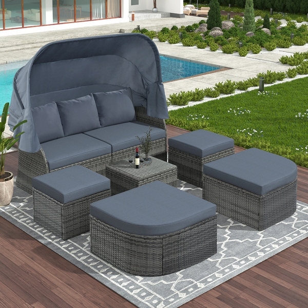 6Piece Outdoor Daybed Set with Retractable Canopy and Conversation Area