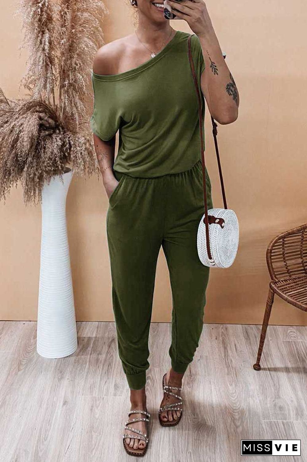 Solid Color Short Sleeve Pocket One Piece Jumpsuit