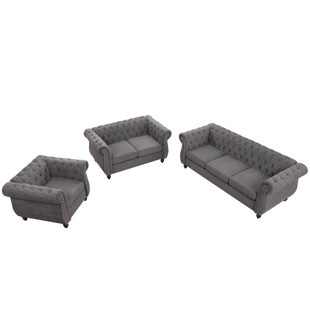 3 Piece Button Down Tufted Dutch Velvet Upholstered Sofa Sets  Including Three Seater Sofa  Two Seater and Set Single Chair