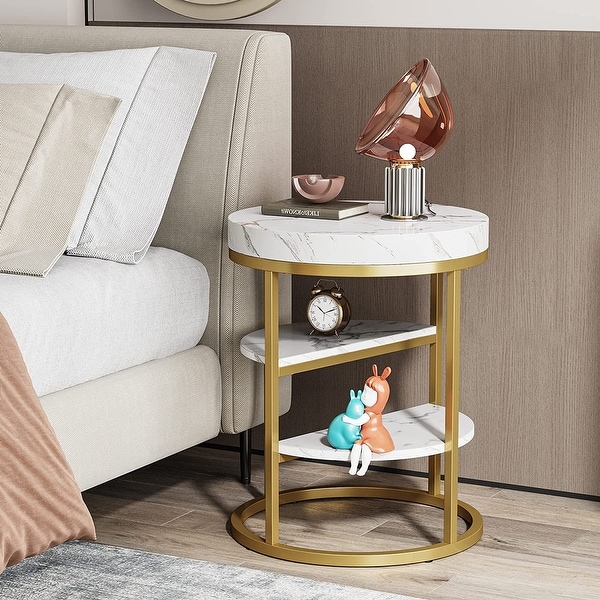 Round End Table White Gold Nightstand Modern Bedside Table for Bedroom