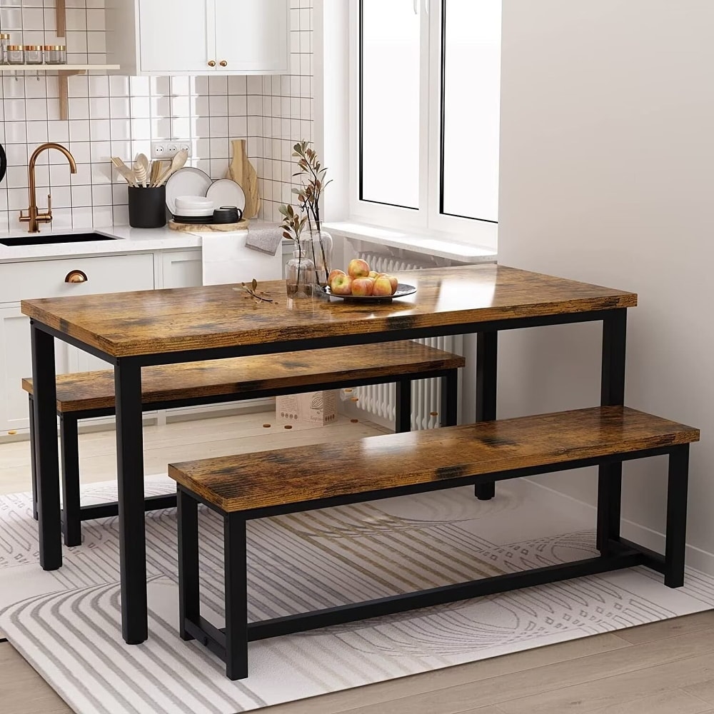 Industrial 3 Piece Dining Table Set  Retro Wood Kitchen Table Set with 2 Benches for Home Kitchen  Dining Room  Restaurant