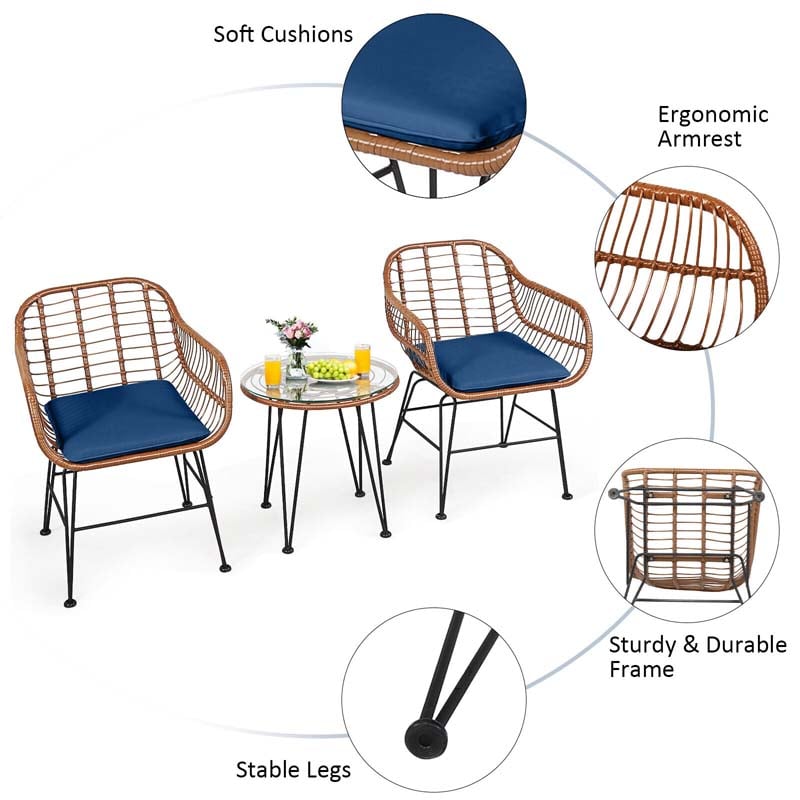 3 Pcs Patio Conversation Bistro Set Outdoor Rattan Furniture Set with Round Table & 2 Rattan Cushioned Armchairs