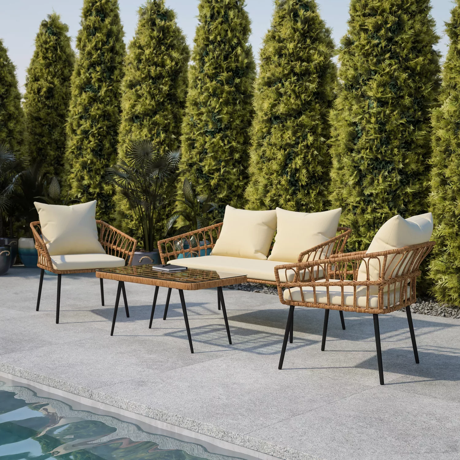 Flash Furniture Evin Boho Faux Rattan Outdoor Chairs， Loveseat， and Tempered Glass Top Coffee Table 4-piece Set