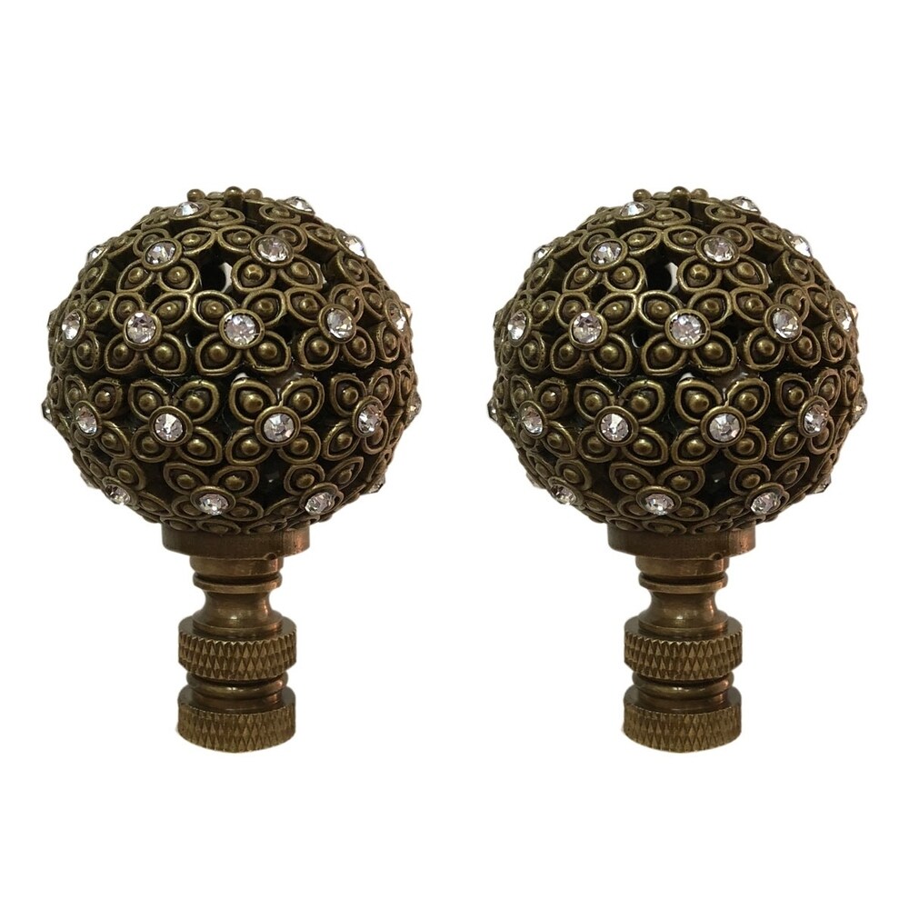 Royal Designs Floral Motif Sphere with Crystal Accents Lamp Finial  Antique Brass  Set of 2
