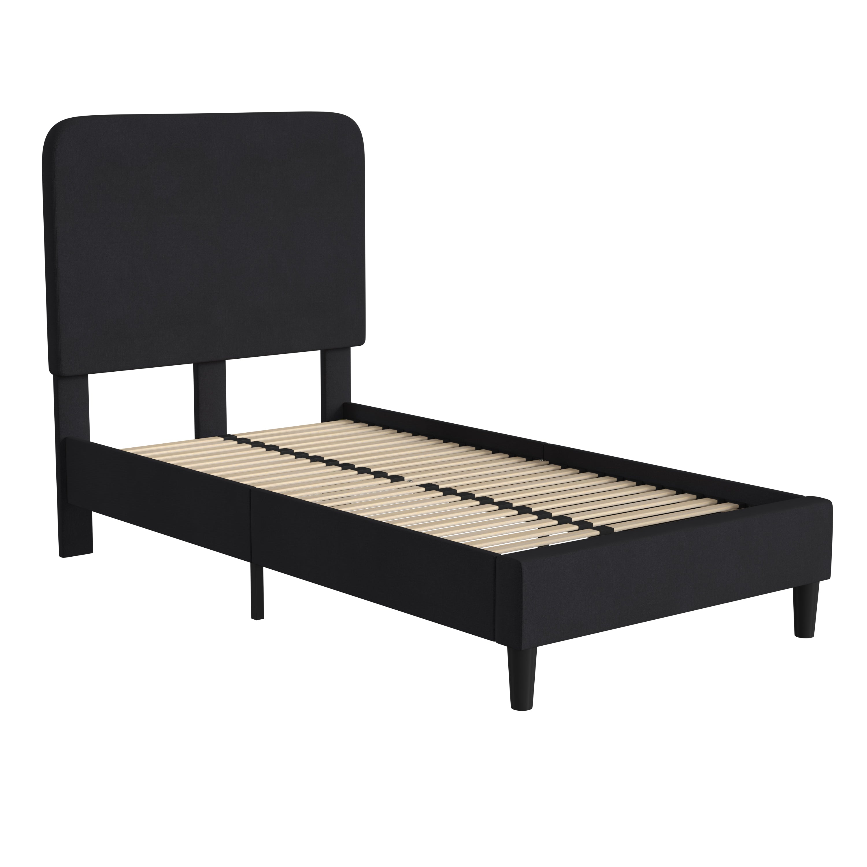 Emma + Oliver Twin Sized Fabric Upholstered Platform Bed in Charcoal Black with Curved, Slim Panel Headboard and Wooden Support Slats