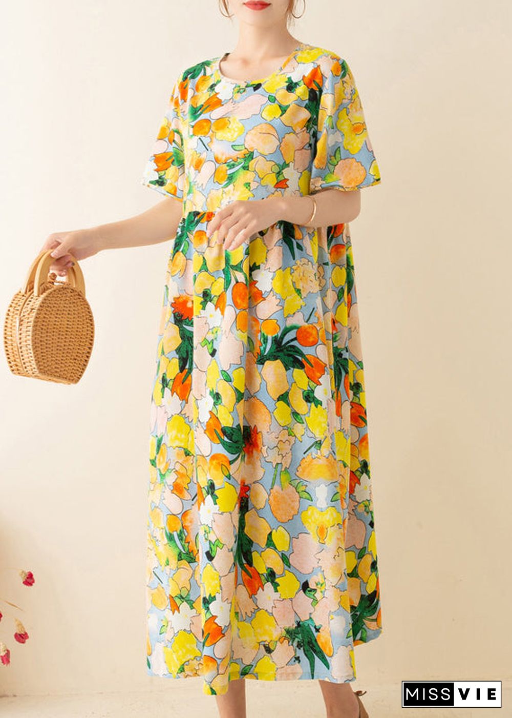 Italian Yellow Print Tunics O Neck Patchwork Loose Summer Dresses