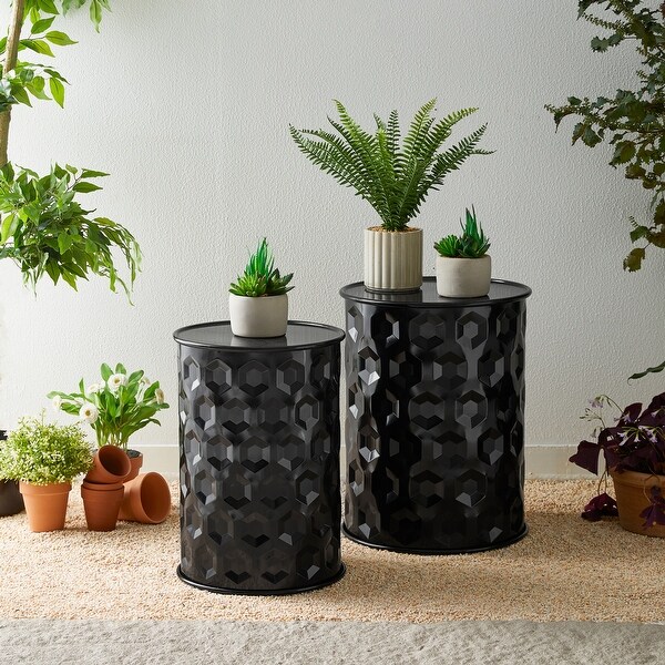 Glitzhome Set of 2 Glossy Black Metal Outdoor Table Accent Stool