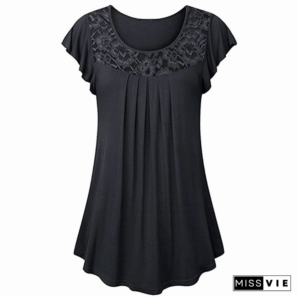 XS-8XL Plus Size Fashion Summer Clothes Womens Tops Loose Lace Stitching Pleated Blouses Ladies Casual Solid Color Short Sleeve Plus Size Cotton T-shirts