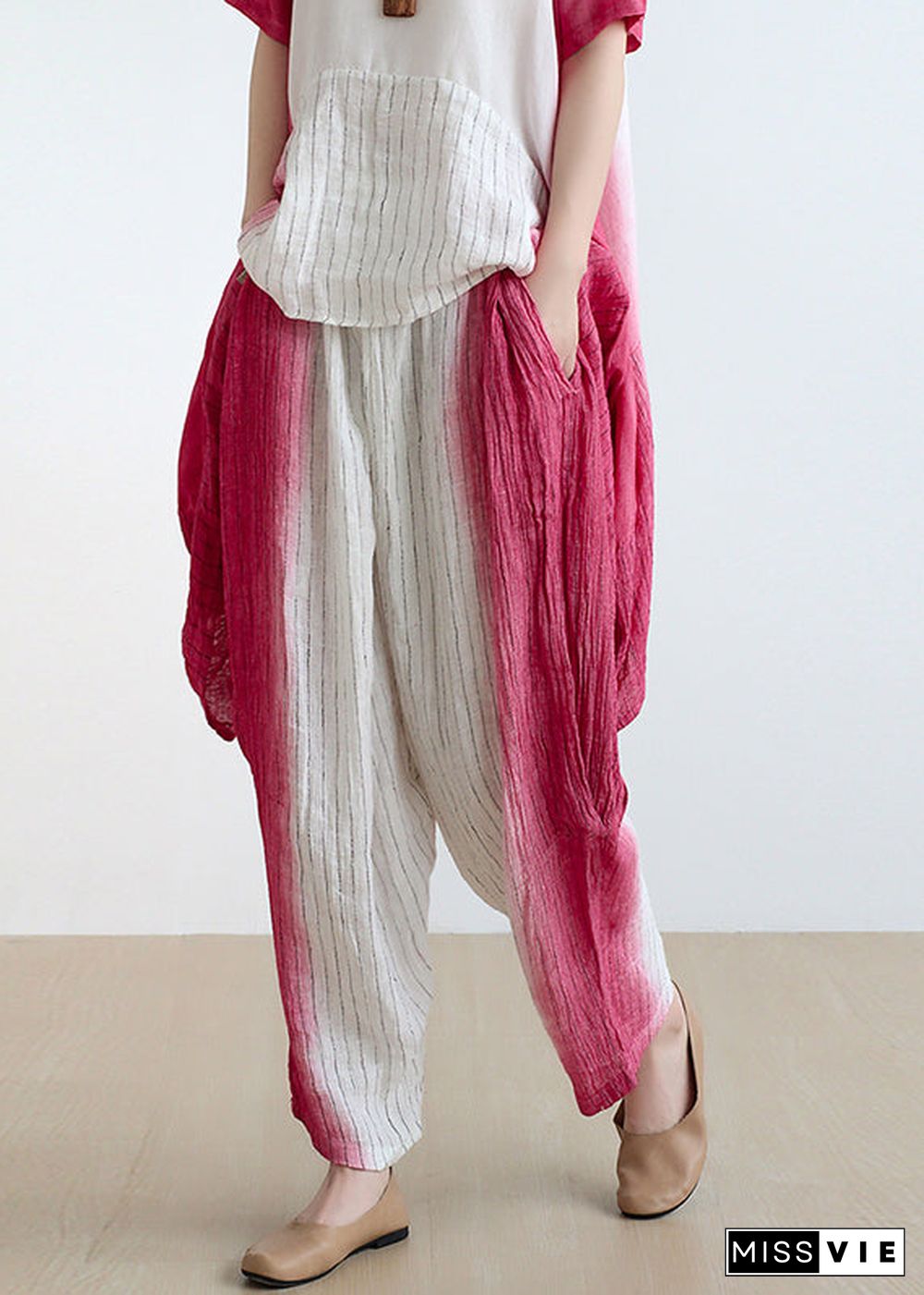 French Gradient Color Oversized Striped Linen Harem Pants Fall