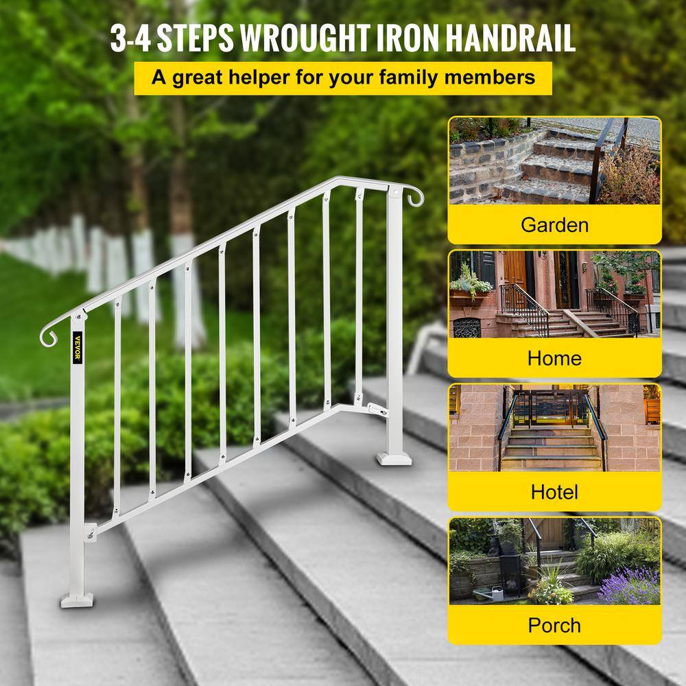 VEVOR 3 ft. Handrails for Outdoor Steps Fit 3 or 4 Steps Outdoor Stair Railing Wrought Iron Handrail with baluster White LTFS3H4BBSTL00001V0