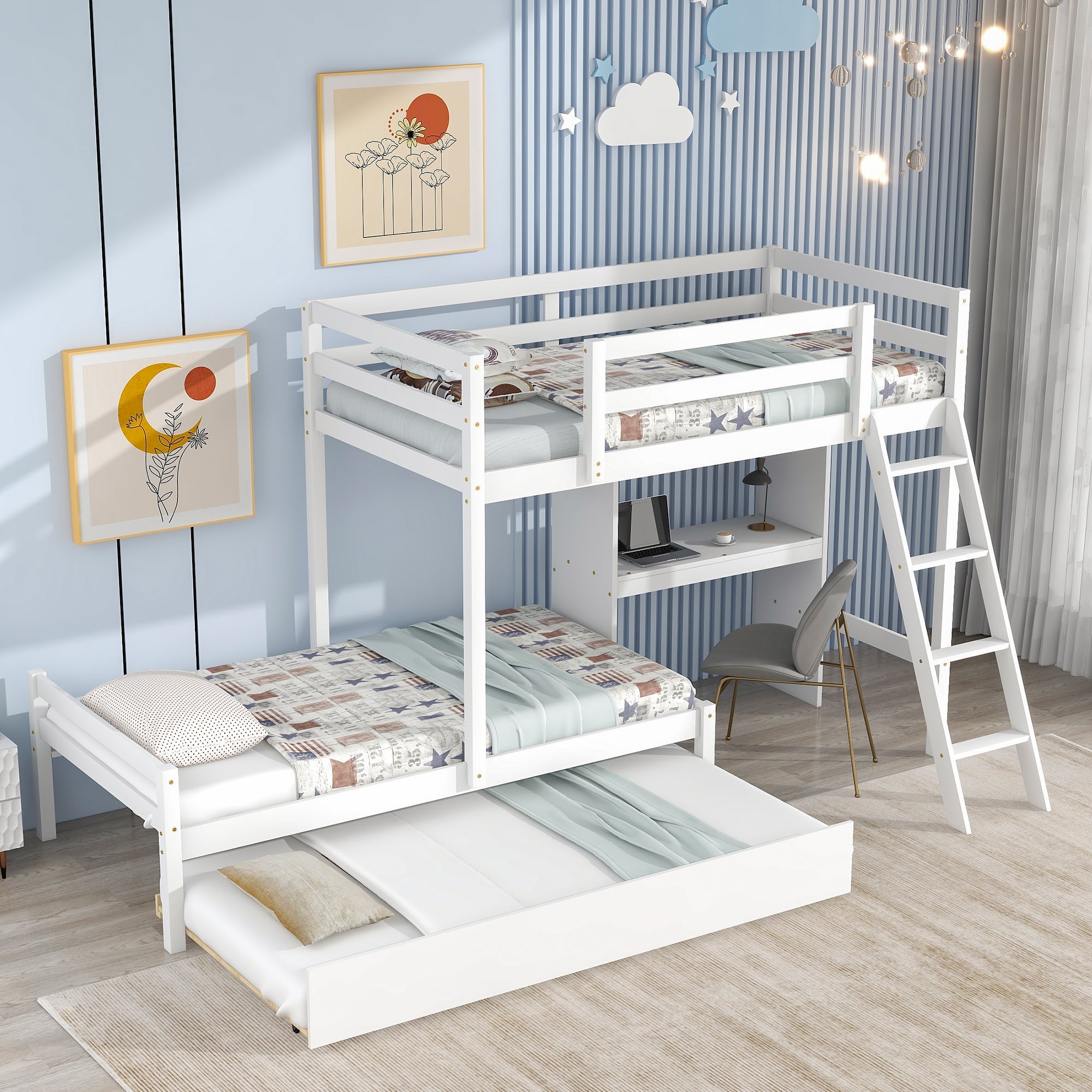 EUROCO Twin over Twin Bunk Bed with Desk and Trundle for Kids Bedroom, White