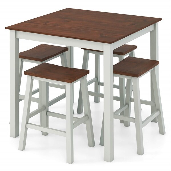 Gymax 5PCS Dining Table Set w/ 4 Saddle Stools Acacia Wood Legs Modern