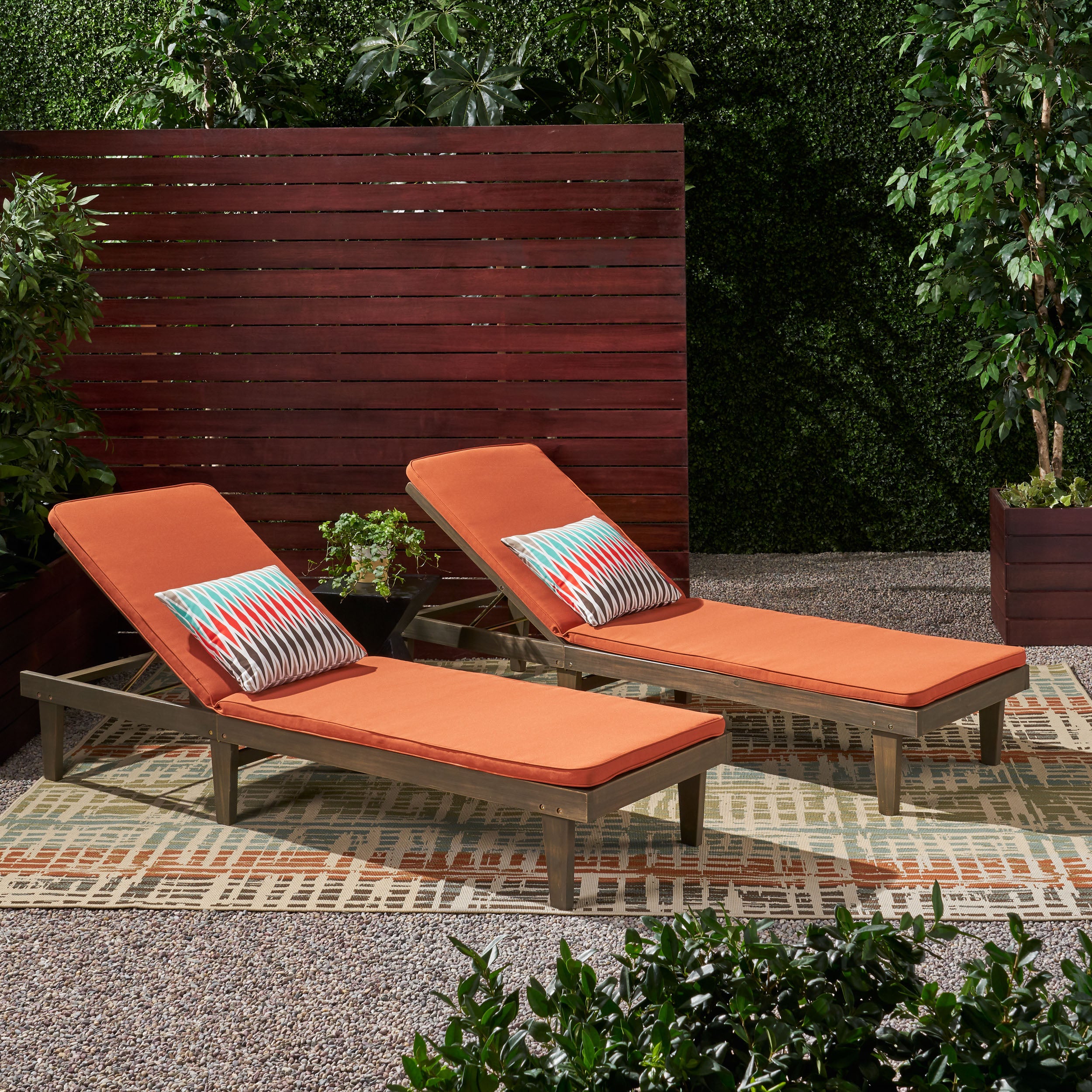 Nadine Outdoor Modern Acacia Wood Chaise Lounge with Cushion (Set of 2)