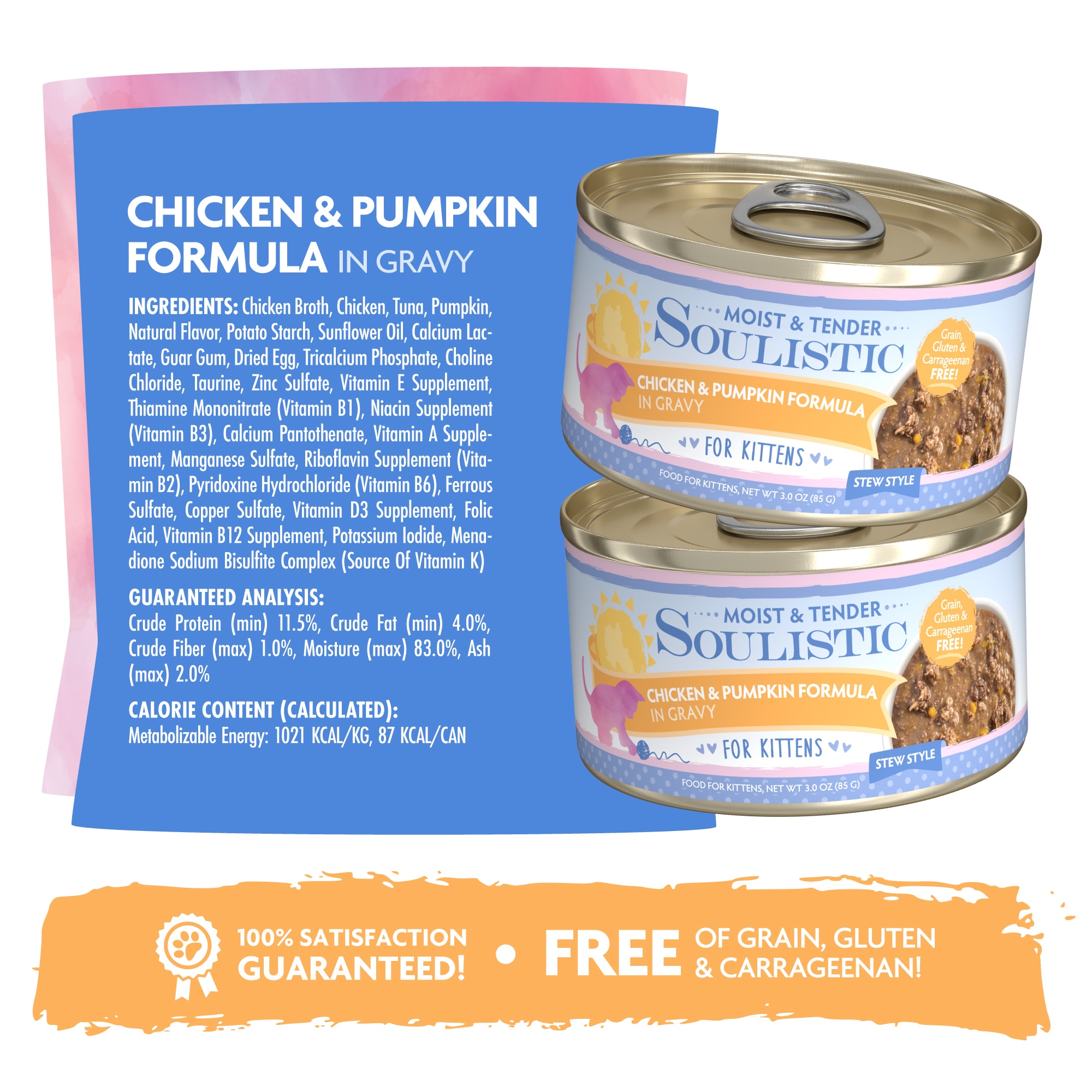 Soulistic Moist  Tender Kitten Chicken  Pumpkin Formula in Gravy Wet Cat Food， 3 oz.， Case of 12