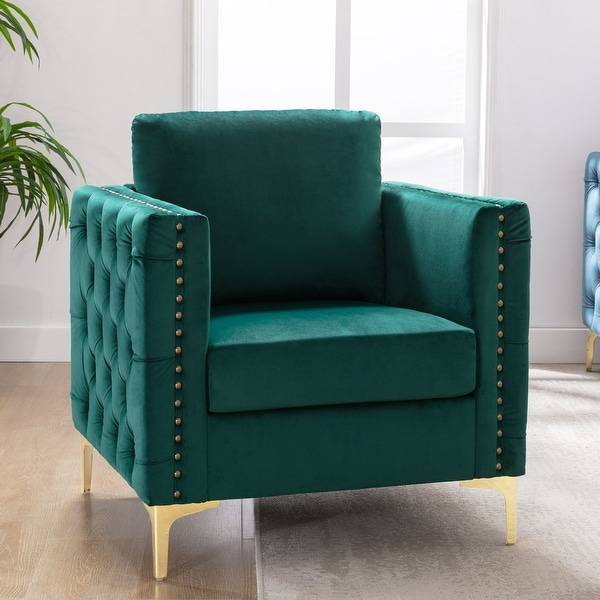 Velvet Accent Club Chair， Upholstered Tufted Button Single Sofa Chair， with Silver Metal Legs， Modern Armchair for Living Room