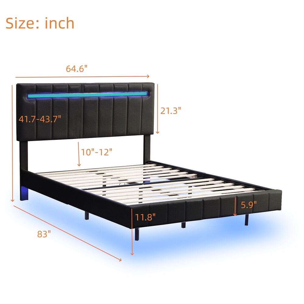 Floating Bed Frame with LED Lights and USB Charging Modern Upholstered Platform LED Bed Frame