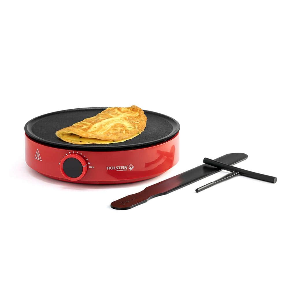 HOLSTEIN HOUSEWARES 12 in. Non-Stick Smokeless Electric Griddle Crepe Maker, Red HH-09217002R