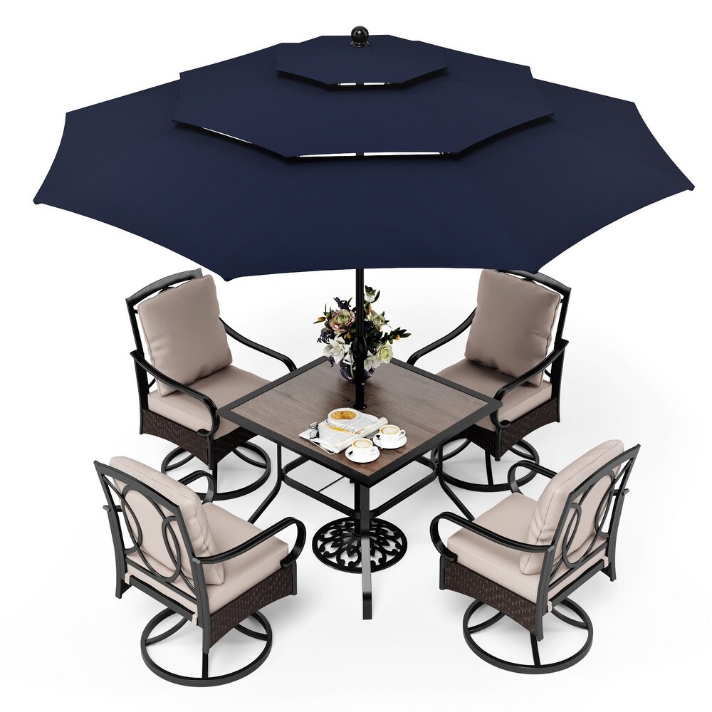 5 Piece Patio Dining Set of 4 Swivel Rattan Chairs with Deep seating and Back Cushions and 1 Wood like Table Top   N/A