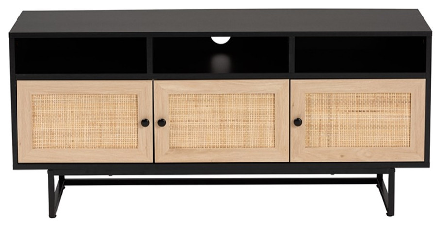 Baxton Studio Declan Espresso Brown Wood and Natural Rattan 3 Door TV Stand   Tropical   Entertainment Centers And Tv Stands   by Homesquare  Houzz