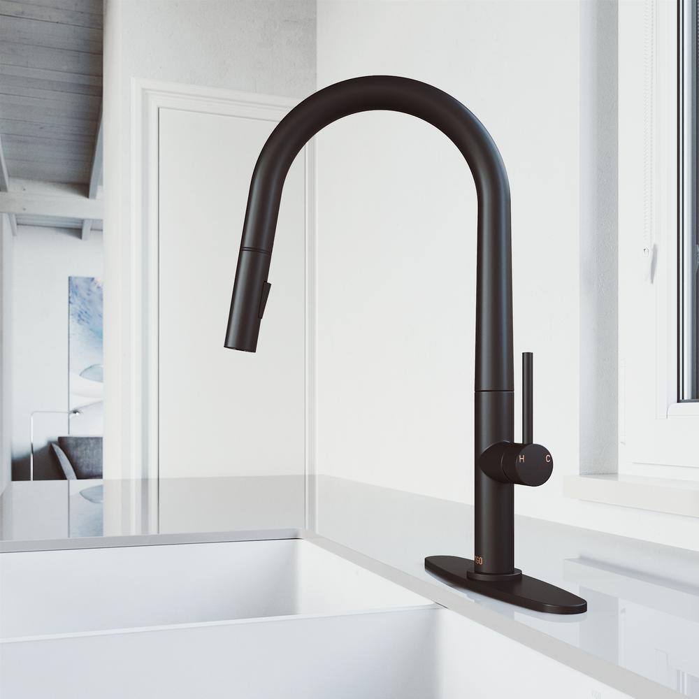 VIGO Greenwich Single Handle Pull-Down Sprayer Kitchen Faucet Set with Deck Plate in Matte Black VG02029MBK1